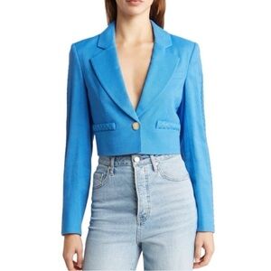 Jason Wu Linen Blend, Blue Cropped Blazer, Braided Details, Lined, Size XS